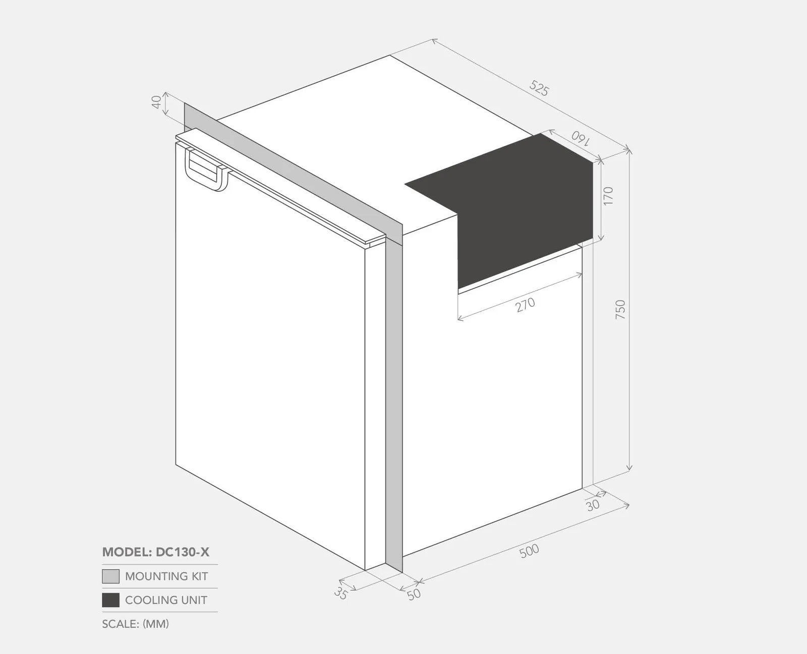 Bushman DC130-X dimensions drawing with mounting kit