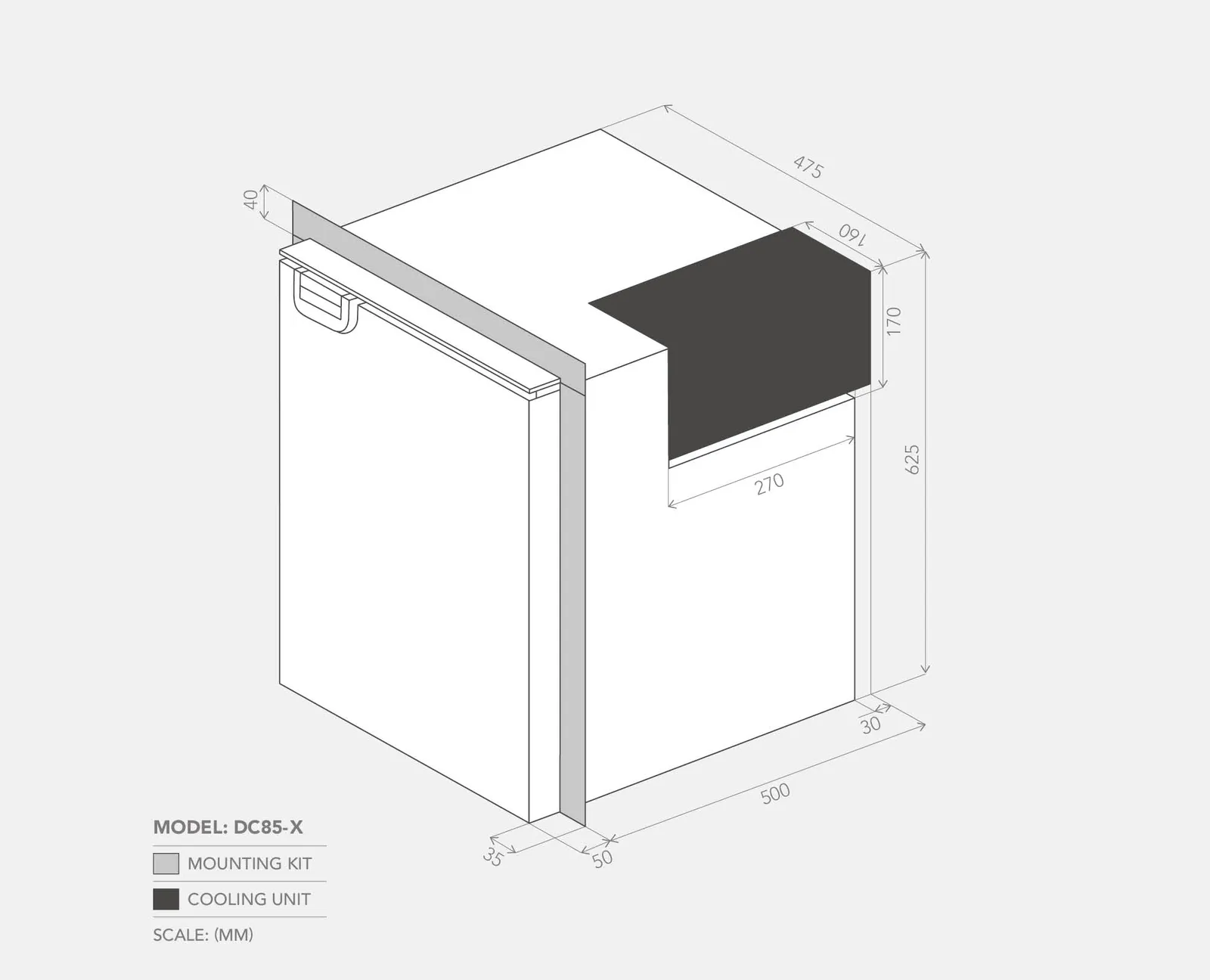 Bushman DC85-X dimensions drawing with mounting kit