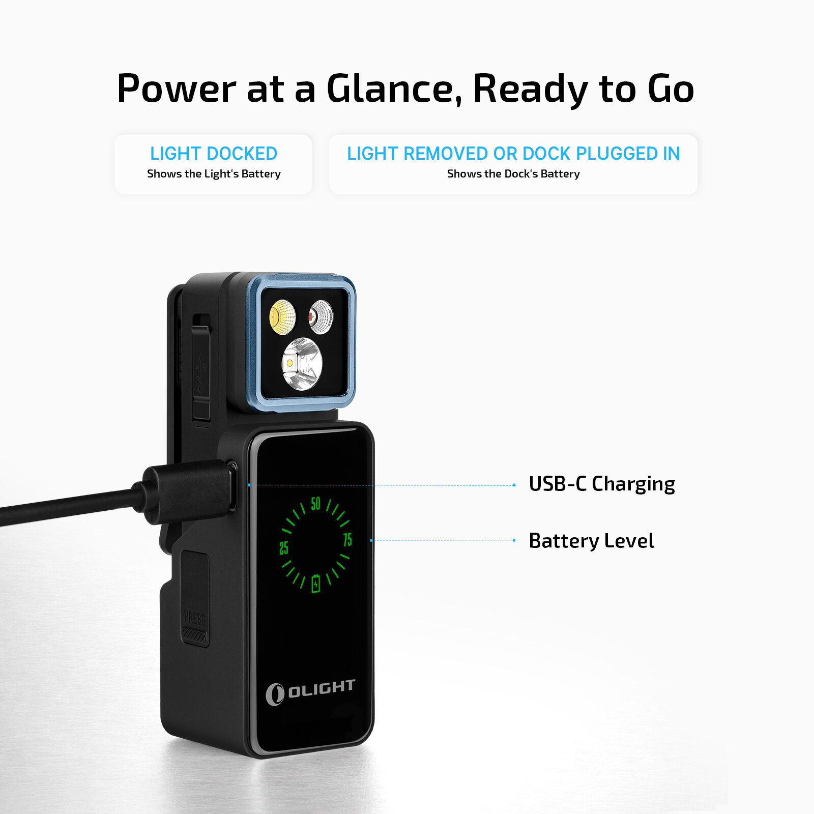Olight Black Oclip 2 Pro Clip-on Light in Charging Dock with USB-C Port and Digital Battery Level Display for EDC Use