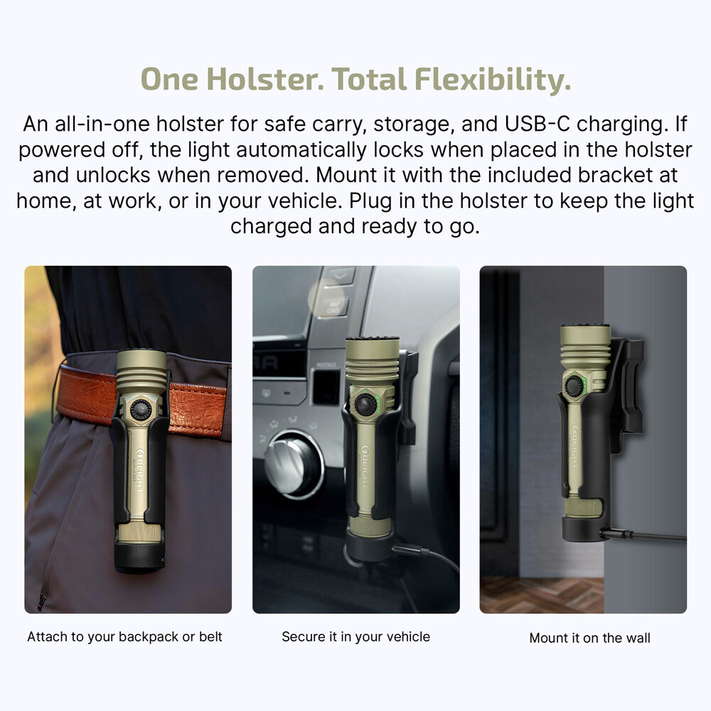 Olight Seeker Ultra holster on a belt, mounted in a vehicle and mounted on a wall