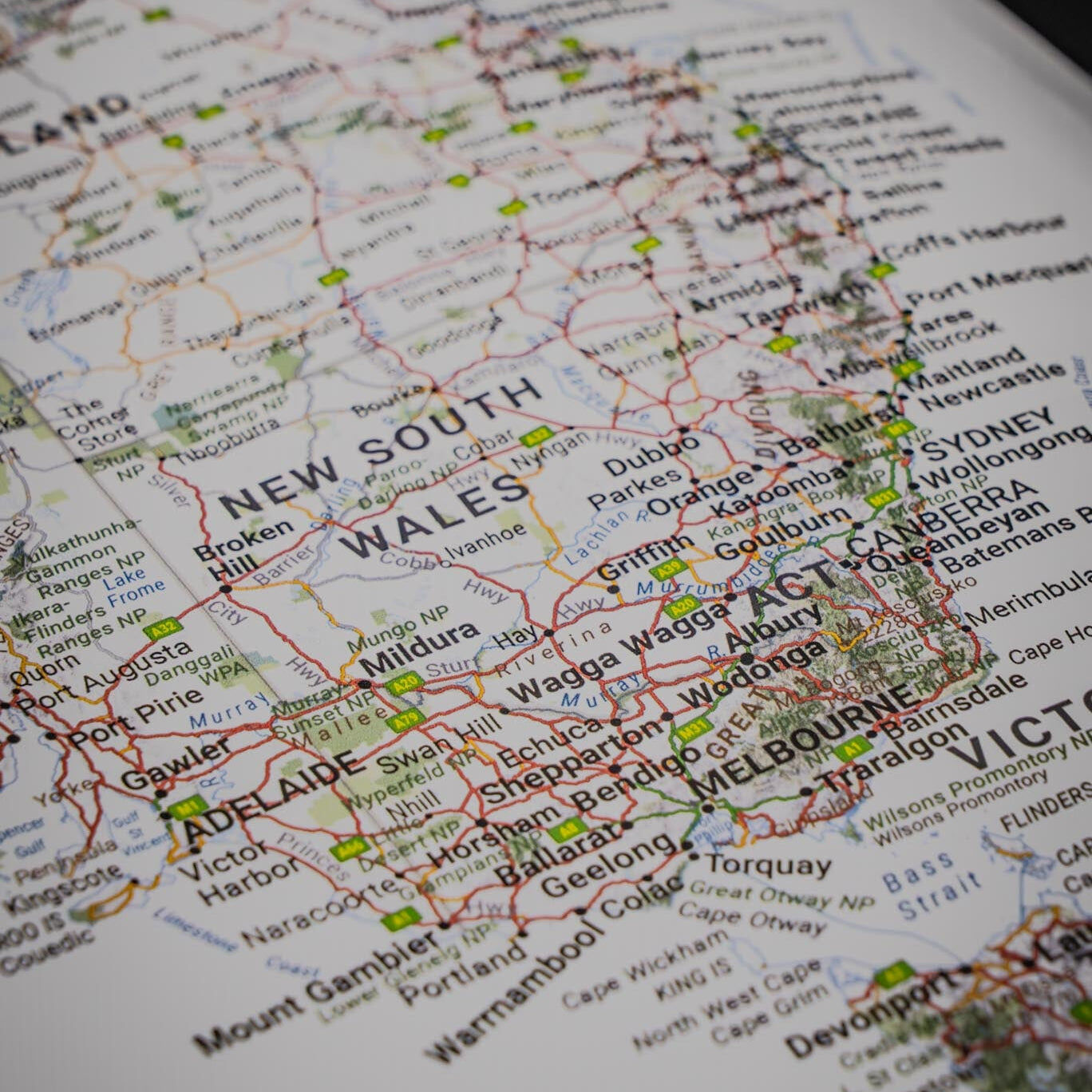 Close-up of the sticker map showing roads and towns across New South Wales and Victoria