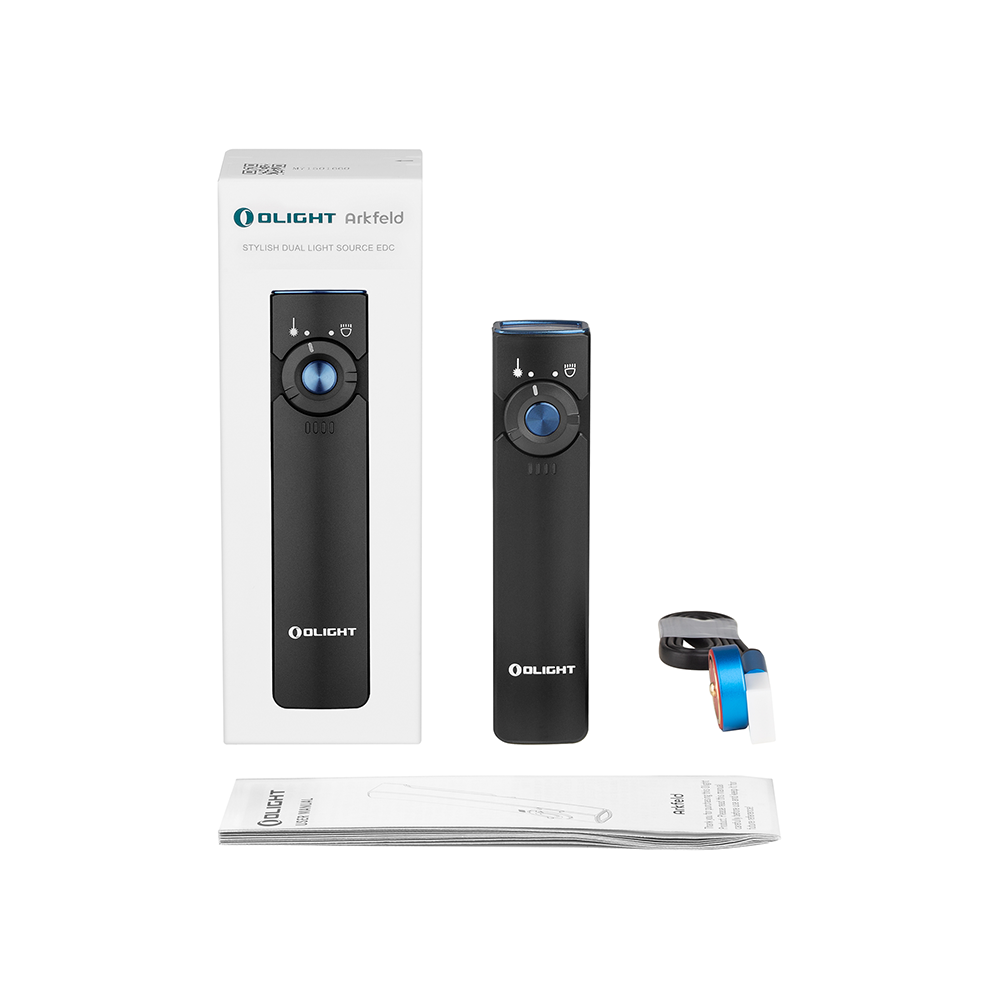Olight Arkfeld in black with box, magnetic charging cable and manual