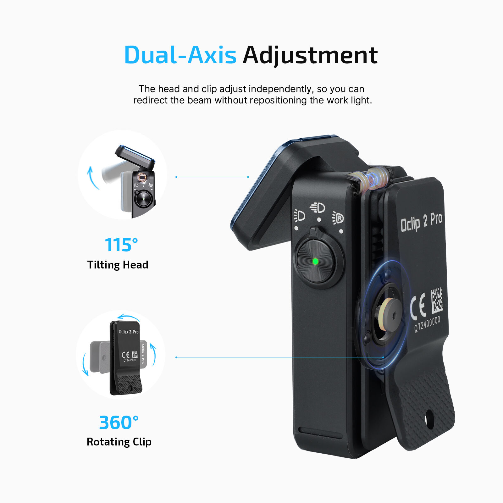 Olight Black Oclip 2 Pro featuring Dual-Axis Adjustment with a 115-degree Tilting Head and 360-degree Rotating Clip for Work Use