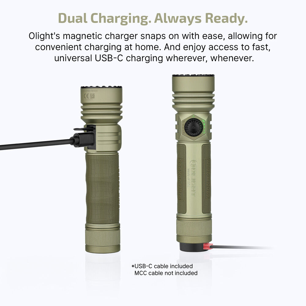 Olight Seeker Ultra olive green torch charging by USB-C and magnetic charger