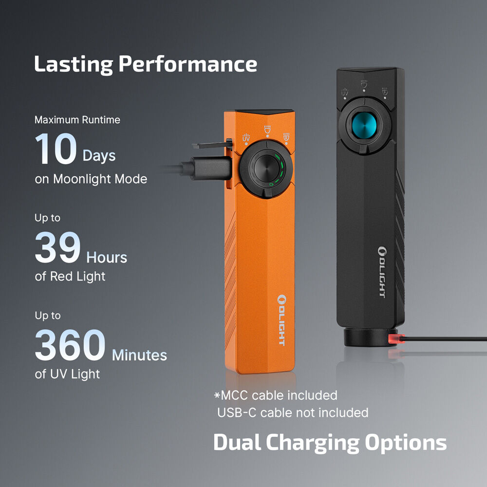 Olight ArkPro Lite in Orange and Matte Black charging by USB-C and MCC magnetic cable
