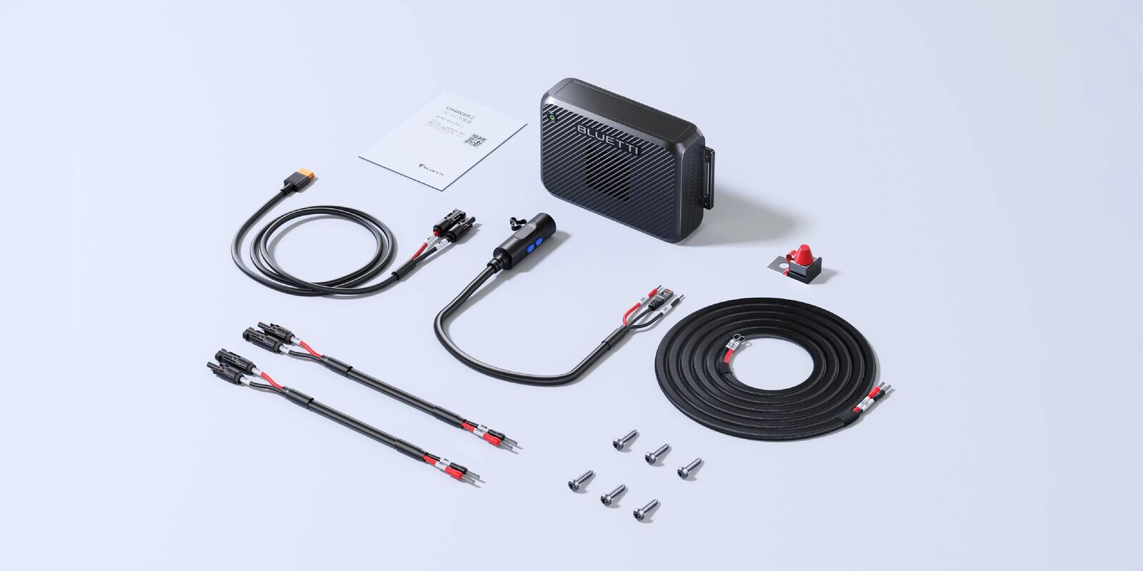 BLUETTI Charger 2 with the cables and parts supplied in the box