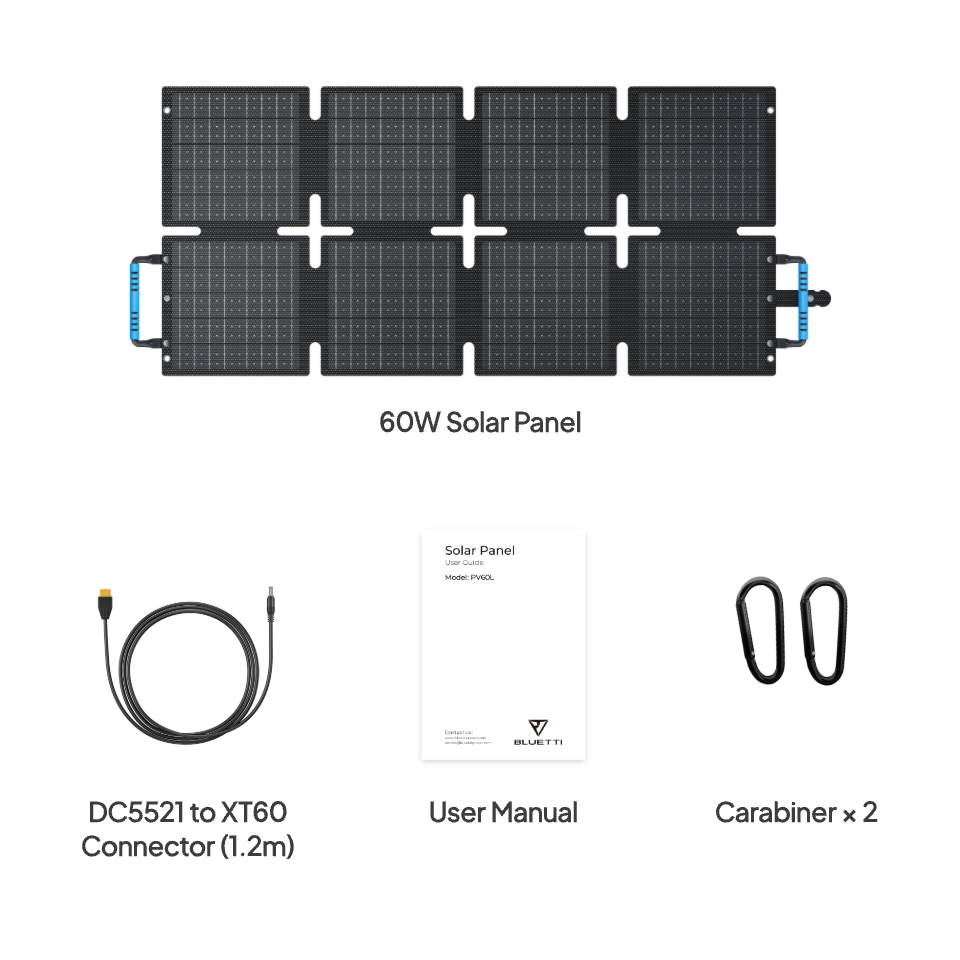 BLUETTI 60W solar panel with DC5521 to XT60 cable, user manual and two carabiners