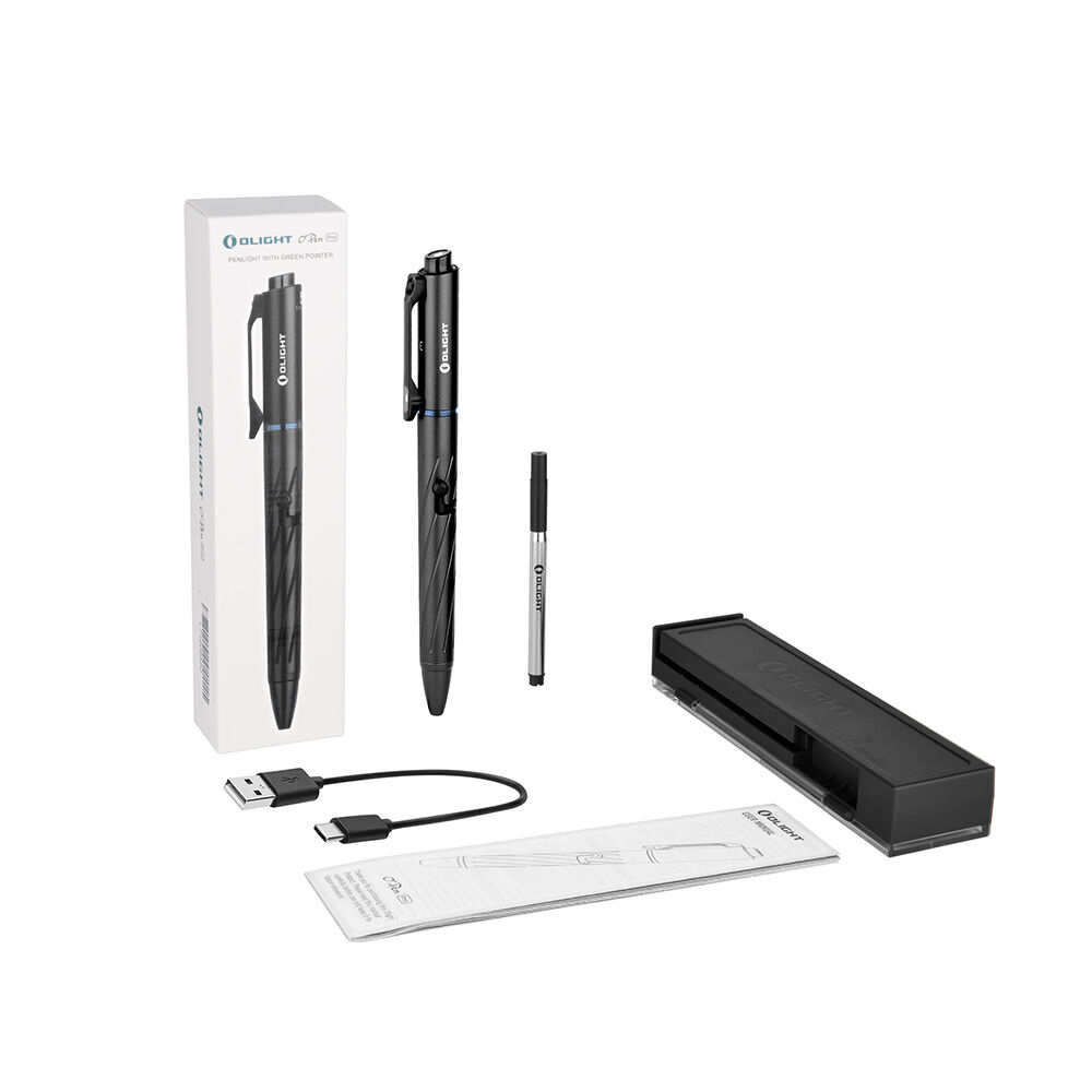 Olight Open Pro in black with box, spare refill, USB-C cable, case and manual