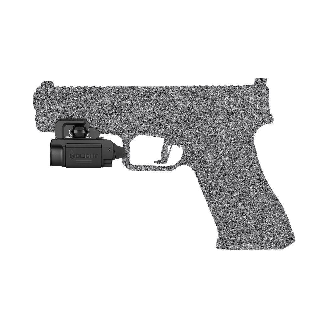 Olight PL-Mini 3 Valkyrie black rail light fitted under a pistol
