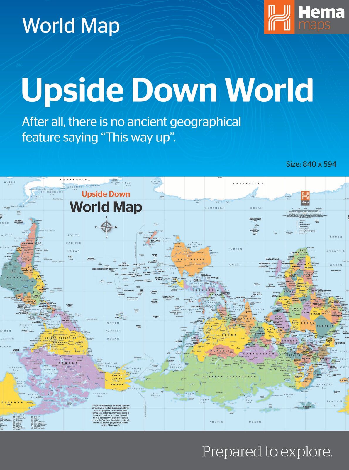 Hema Upside Down World Map - 840 x 594 mm, Folded in Envelope