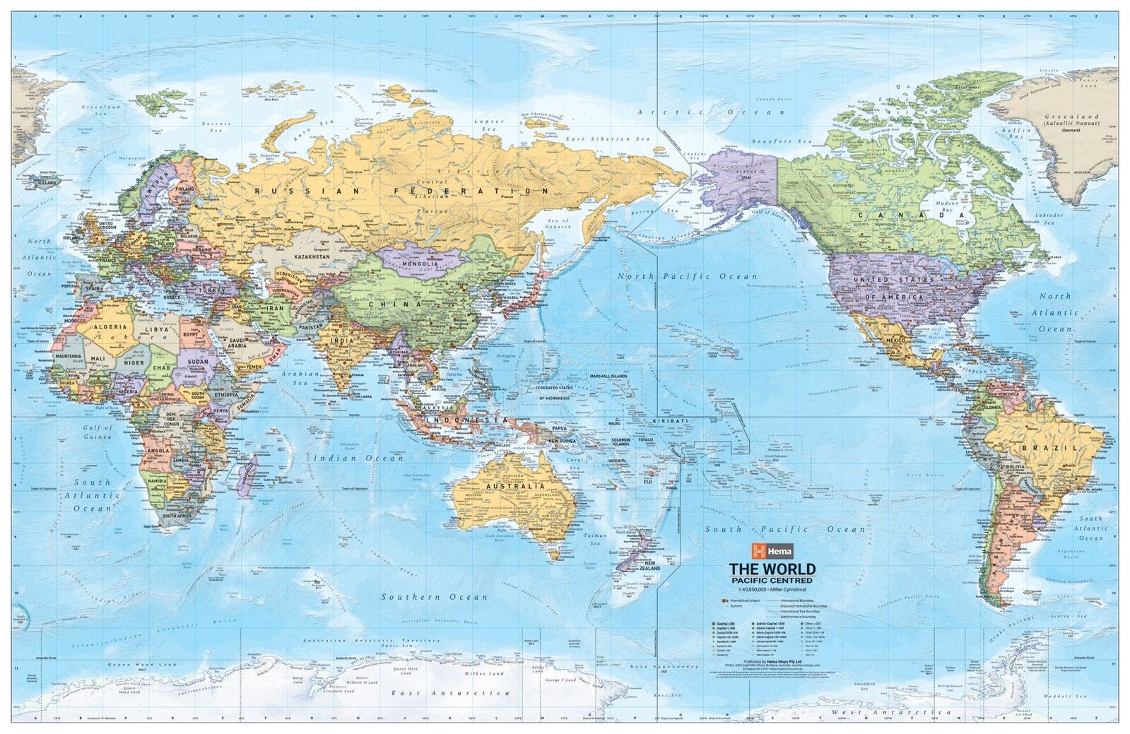 Hema World Political Pacific Centred Wall Map - Large 1000 x 650 mm - Laminated