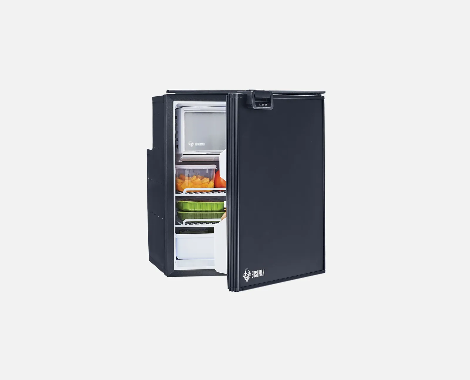 Bushman DC65-X 65L upright fridge with the door partly open