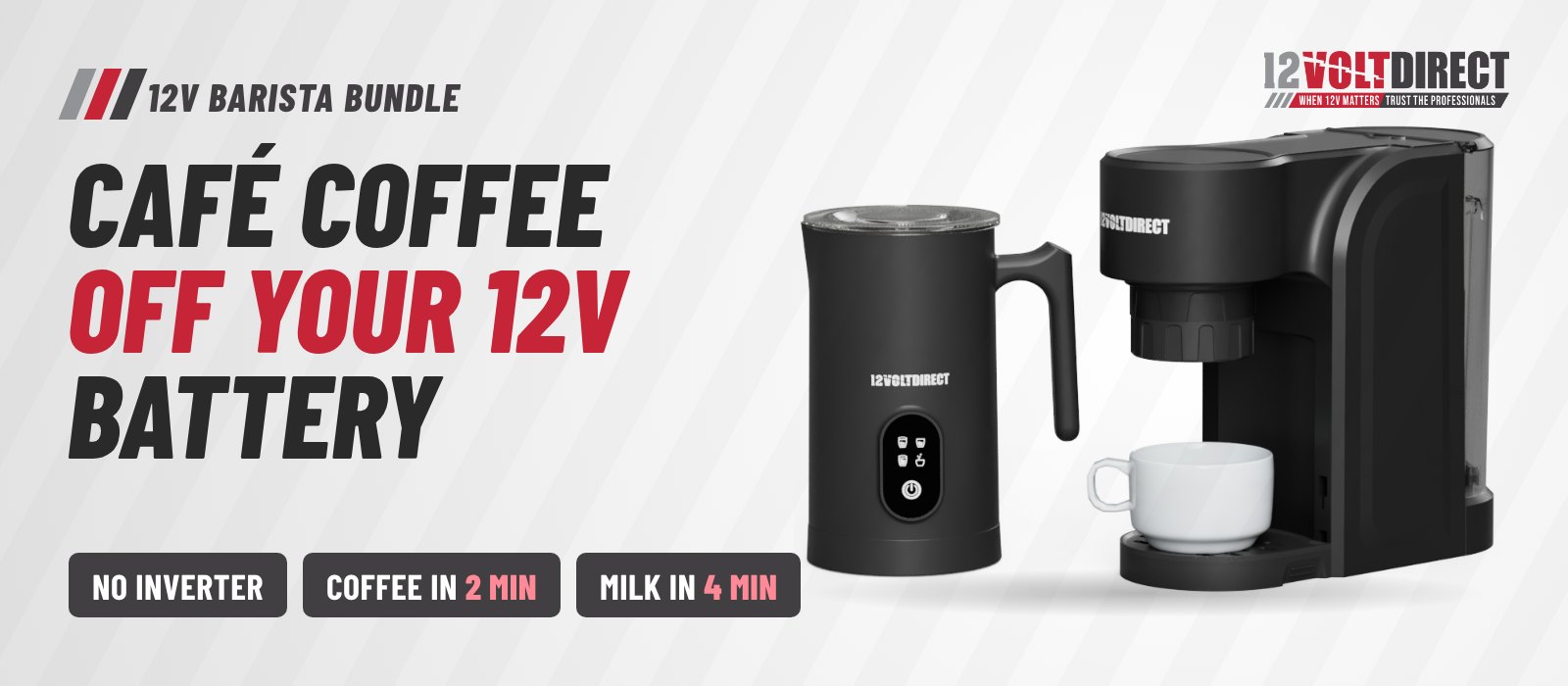 12V Barista Bundle: coffee pod machine and milk frother that run off a 12V battery