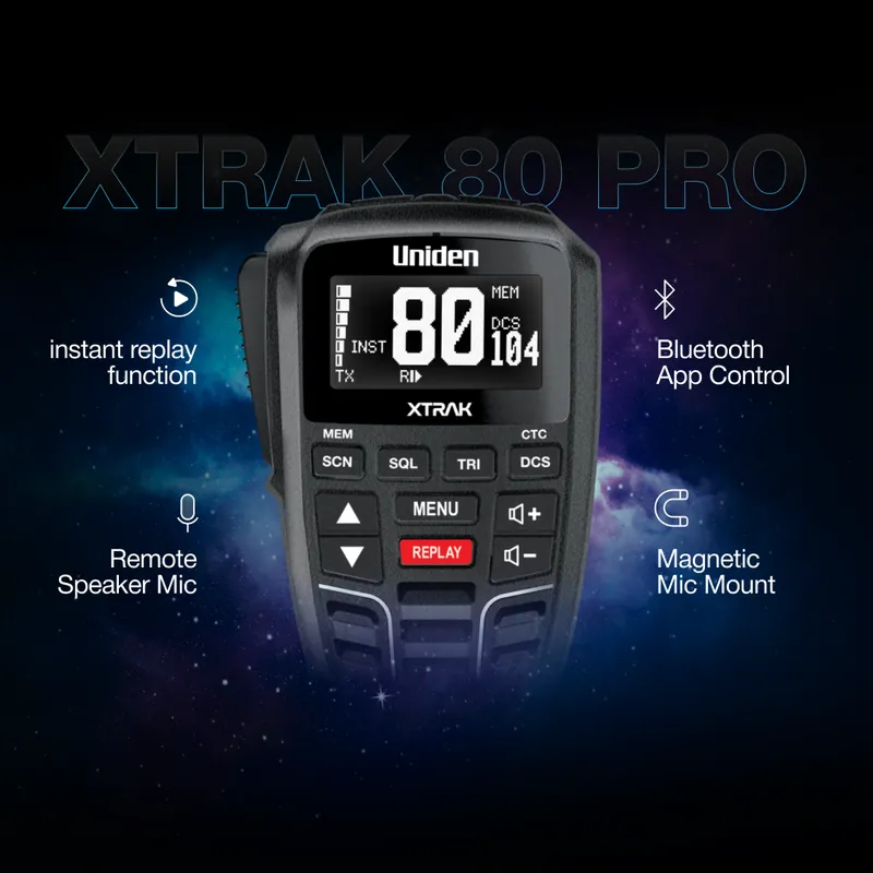 Uniden XTRAK 80 Pro Smart UHF CB Radio + AT970BK Twin Antenna Combo