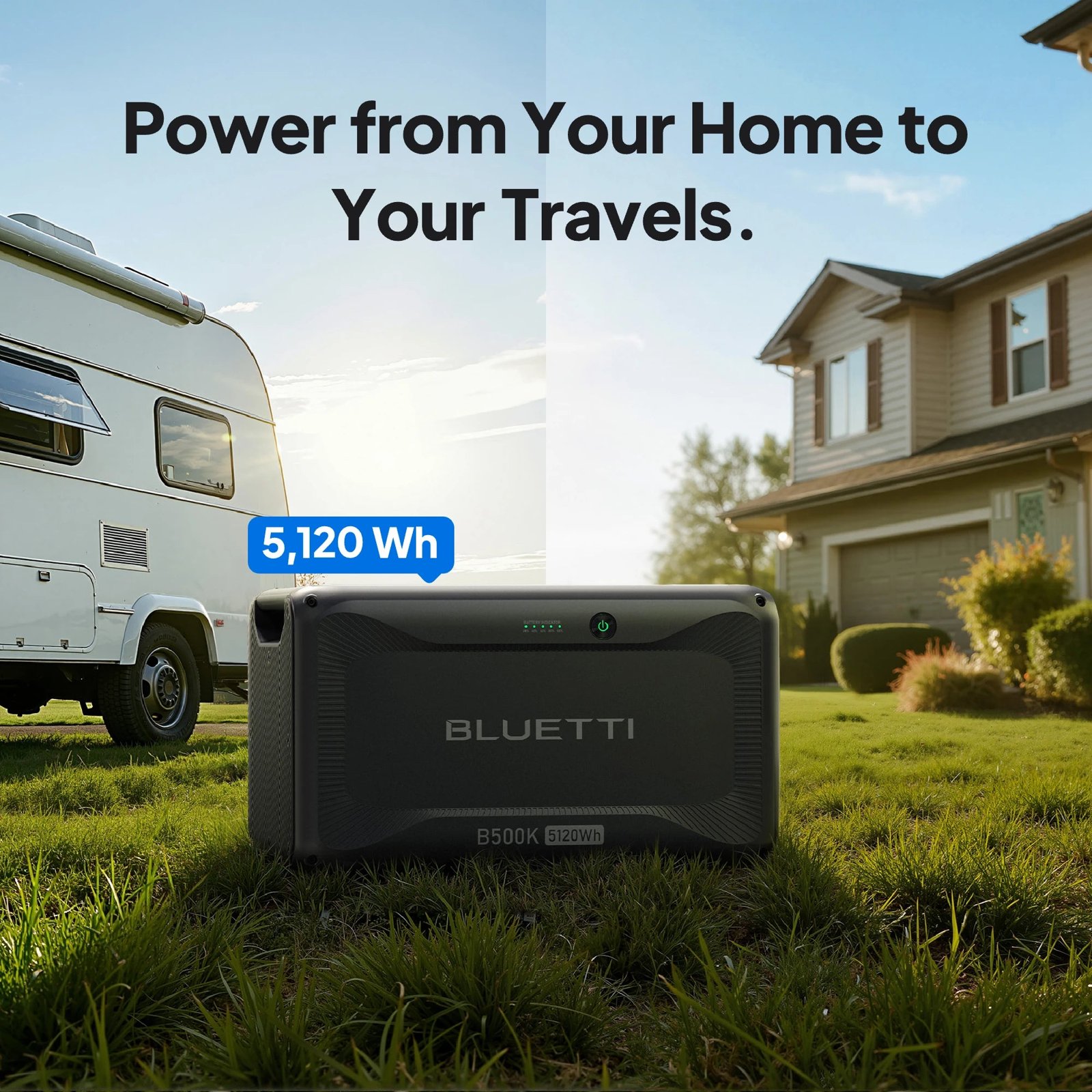 BLUETTI B500K 5,120Wh expansion battery beside a caravan and a house