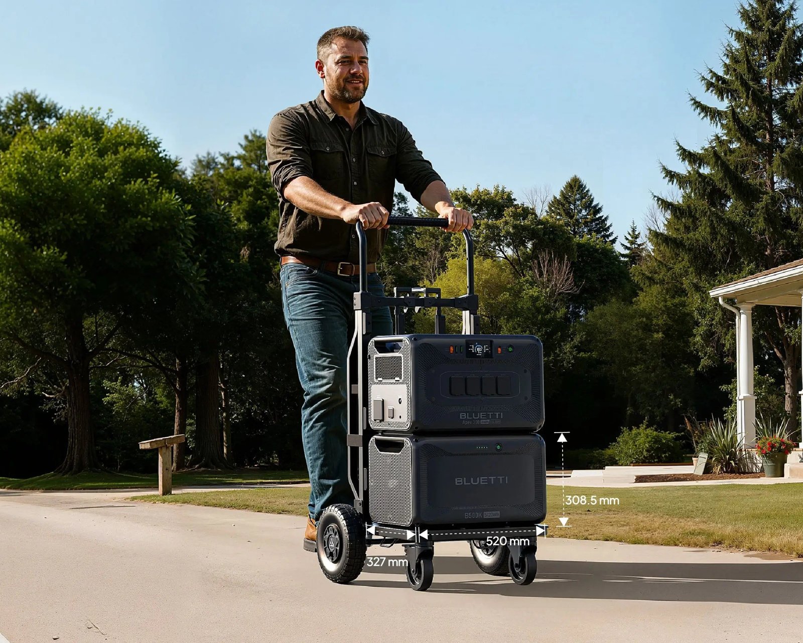 BLUETTI Apex 300 and B500K on a trolley (sold separately), 520 x 327 x 308.5 mm