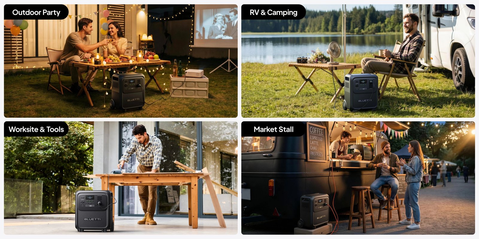 BLUETTI Elite 320 at an outdoor party, RV and camping, worksite and market stall