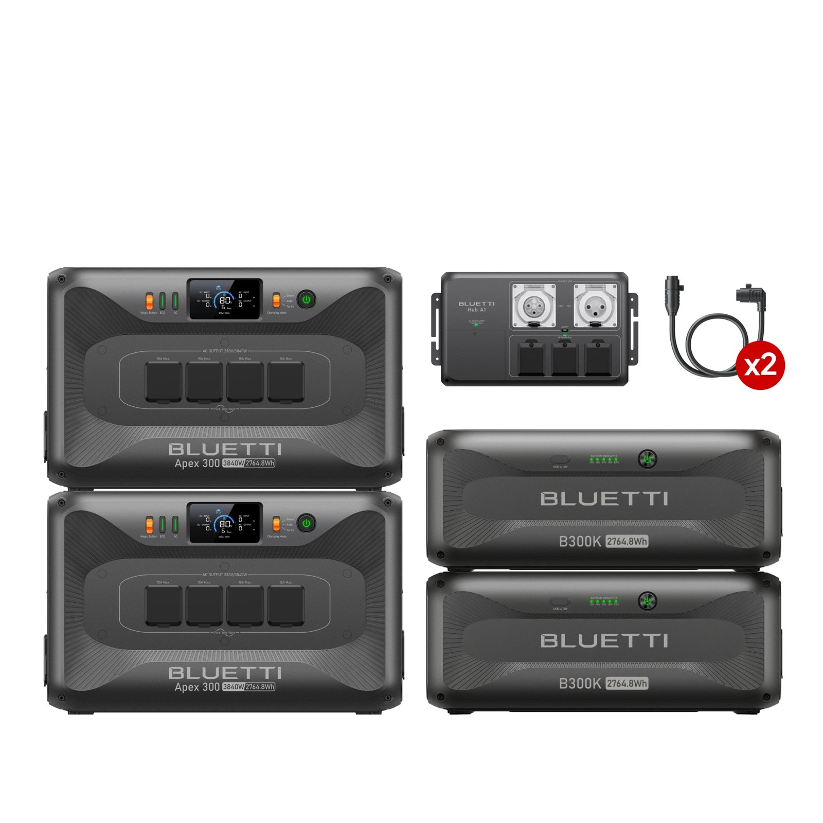 BLUETTI Hub A1 with two parallel cables, shown with two Apex 300 and two B300K (sold separately)