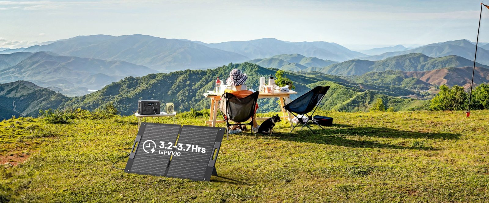 BLUETTI 100W solar panel charging a power station at a hilltop campsite