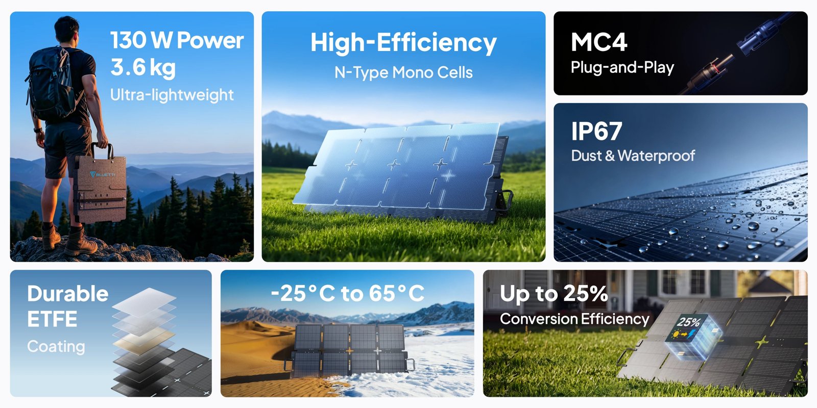BLUETTI SORA 130: 130W, 3.6 kg, N-type mono cells, MC4, IP67, ETFE, -25 to 65°C, up to 25% efficiency