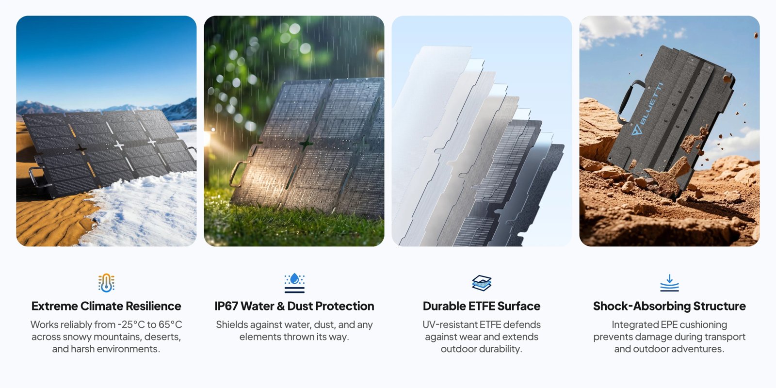 BLUETTI SORA 130 extreme climate resilience, IP67 water and dust protection, ETFE surface and shock-absorbing structure