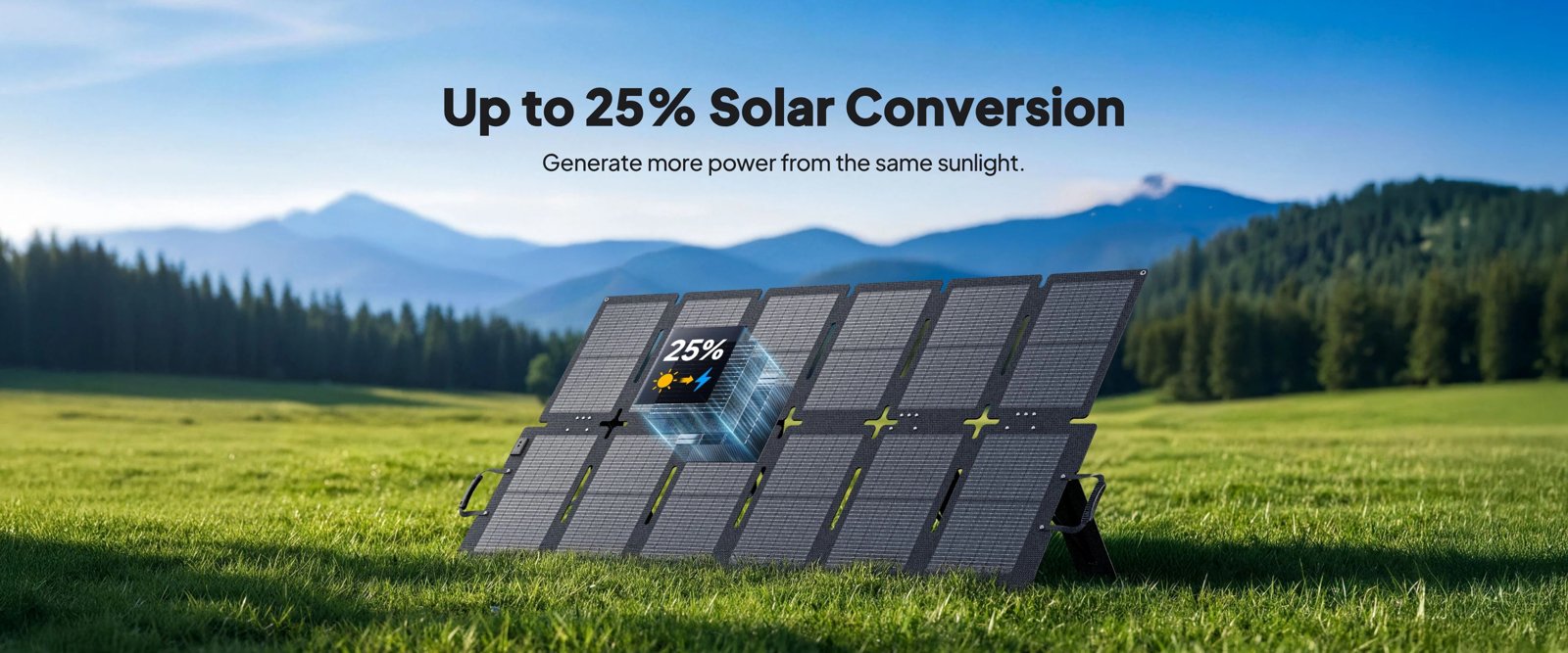 BLUETTI SORA 220 solar panel on its kickstands in a mountain meadow, up to 25% solar conversion