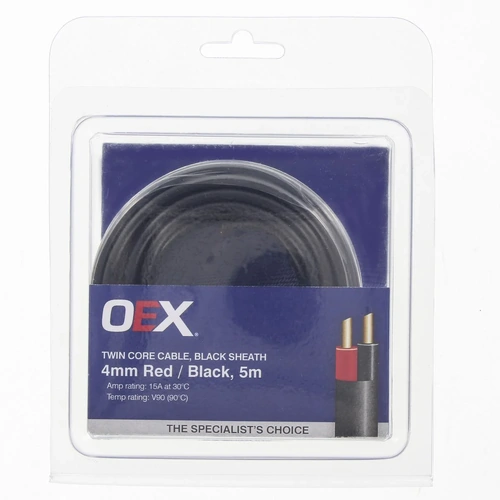 OEX Auto Cable 15A Twin Core 4mm x 5m Red/Black w/Black Sheath