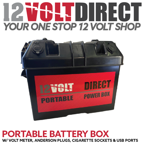12V Battery Box w/ Anderson Plugs, 2x Cigarette Socket, Volt Meter & 2.4A USB Ports