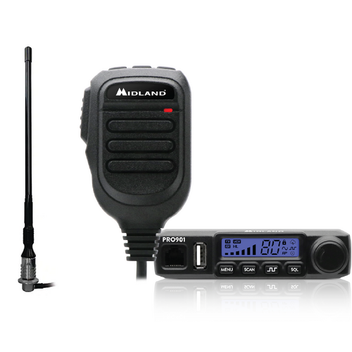 Midland PRO901 Super Compact 5W In-Car UHF CB Radio w/ Speaker Mic + 3.1dBi FLEXI ANT 330mm