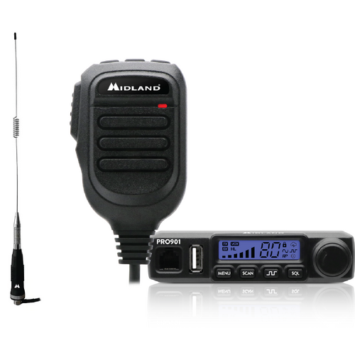 Midland PRO901 Super Compact 5W In-Car UHF CB Radio w/ Speaker Mic + 6dBi S/STEEL 640mm