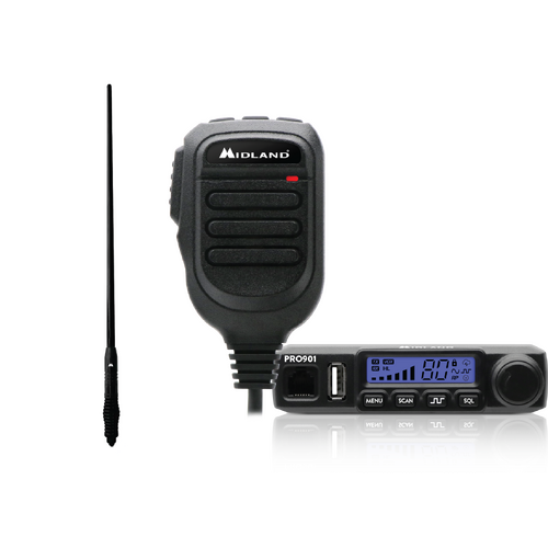 Midland PRO901 Super Compact 5W In-Car UHF CB Radio w/ Speaker Mic + 6.6dBi RADOME ANT 1.0M Antenna