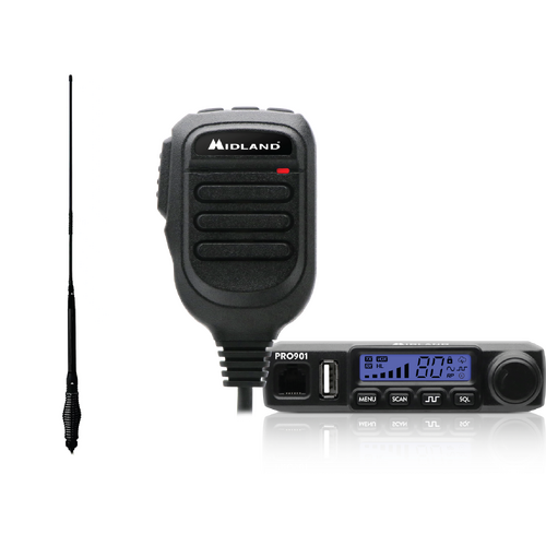 Midland PRO901 Super Compact 5W In-Car UHF CB Radio w/ Speaker Mic + 6.9dBi E/FEED 954mm Antenna