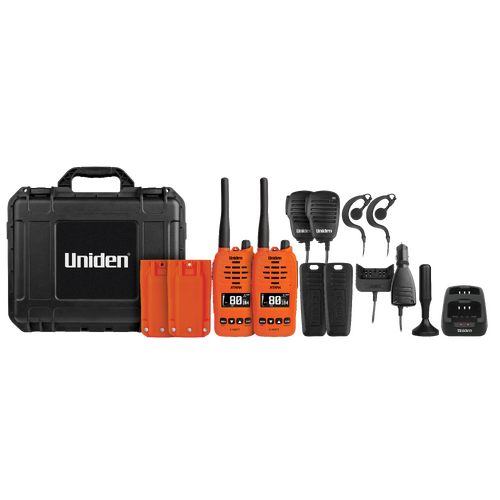 Uniden XTRAK 50 Orange 5 WATT UHF Tradies Twin Pack Smart Waterproof Handheld Radios
